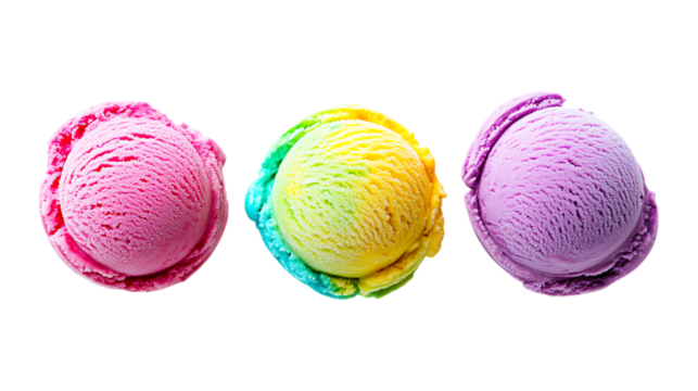 Pack Collection Delicious Ice Cream Scoops Pink Rainbow and Purple set against transparent background - Powered by Adobe
