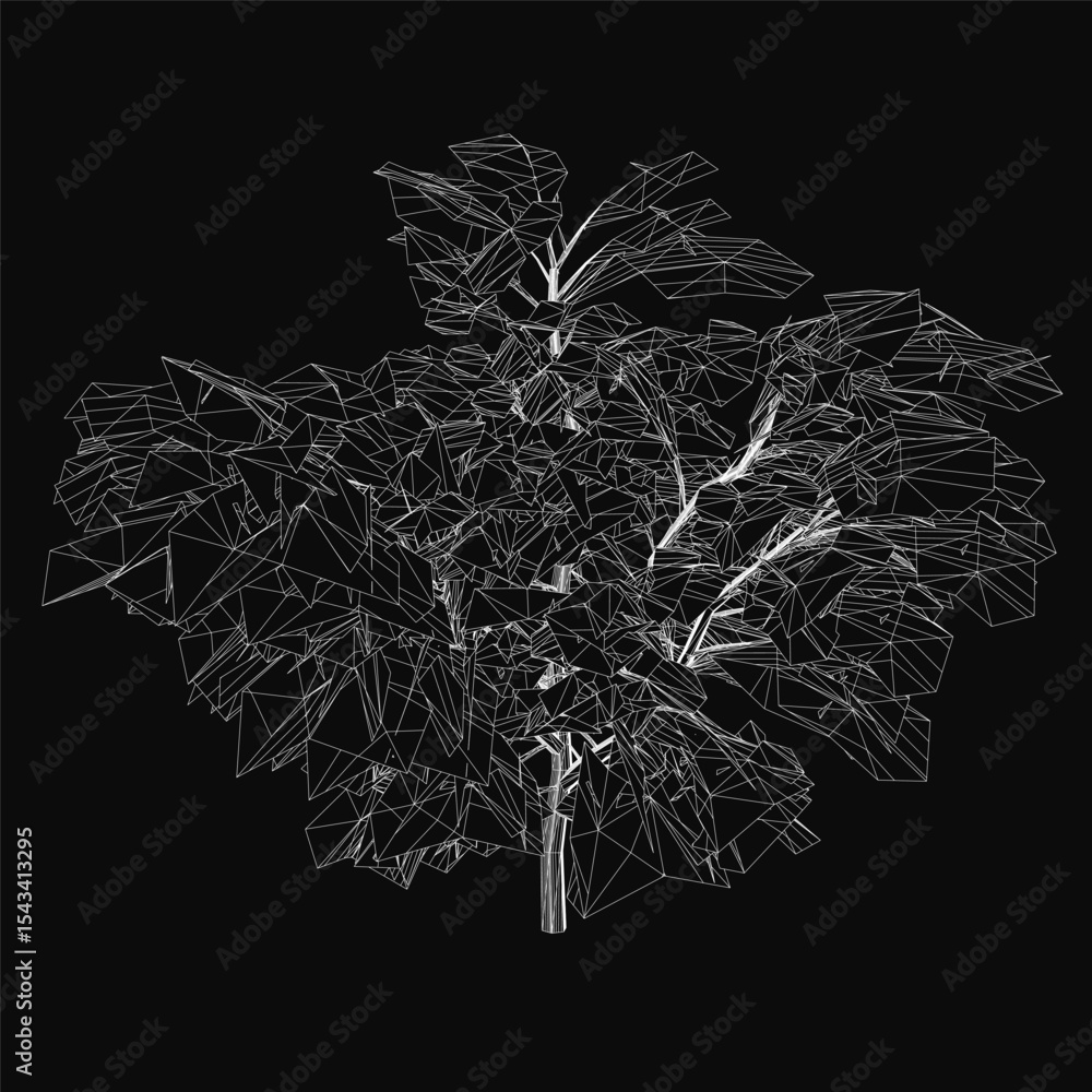 Poster low poly tree with geometric shapes and clean lines, forming an intricate and modern design on a bla