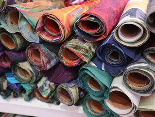 Colorful Rolled Fabrics Displayed in Layers