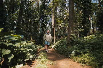 Man Taking a Leisurely Walk in a Scenic Forest Trail