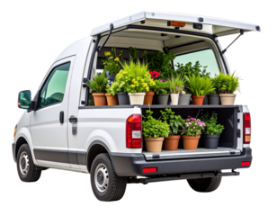 Compact White Truck with Green Plants in the Back, Rear Angle, Transparent Background