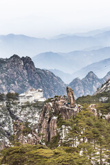 Flying Rock formation peak at Huangshan or Yellow Mountain, popular natural tourism landmark in China