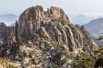 Beautiful natural landscape with pine trees on granite mountain at Huangshan or Yellow Mountain, popular tourism landmark in China