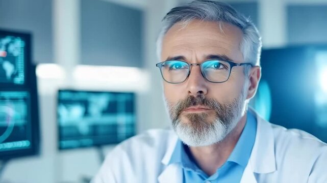 Confident mature male doctor with gray hair, beard, and eyeglasses in white coat working in modern hospital office, focused on computer monitors displaying medical data, professional and thoughtful