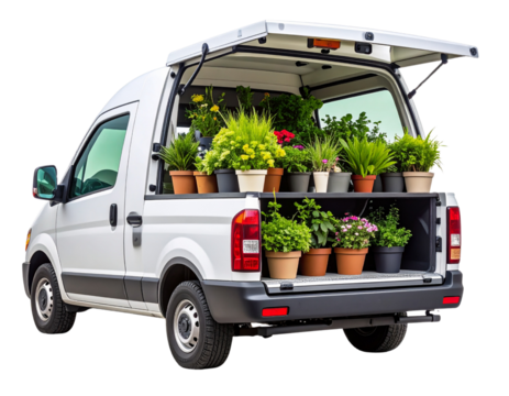 Compact White Truck with Green Plants in the Back, Rear Angle, Transparent Background