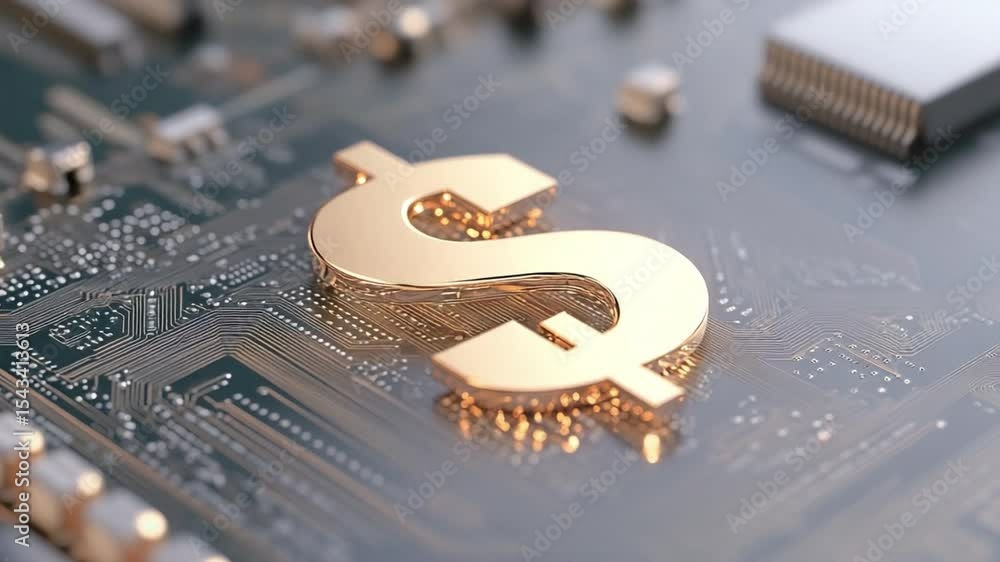 Aufkleber digital currency: a gleaming golden dollar sign rests atop an intricate computer circuit board, illu
