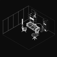 A black and white drawing of a cozy living room features a sofa, chair, and table with a lamp and bookshelf. The dark background creates a mysterious yet inviting atmosphere, perfect for artistic.