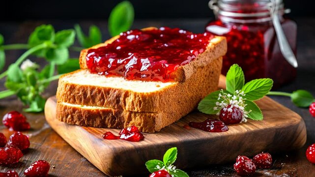 Jam and bread on the table. Selective focus. Food.