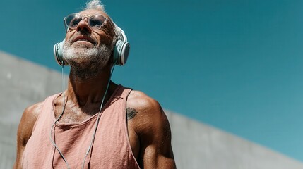 An energetic senior man embracing life while listening to music outdoors, showcasing vitality and happiness, encouraging people of all ages to stay active and joyful.