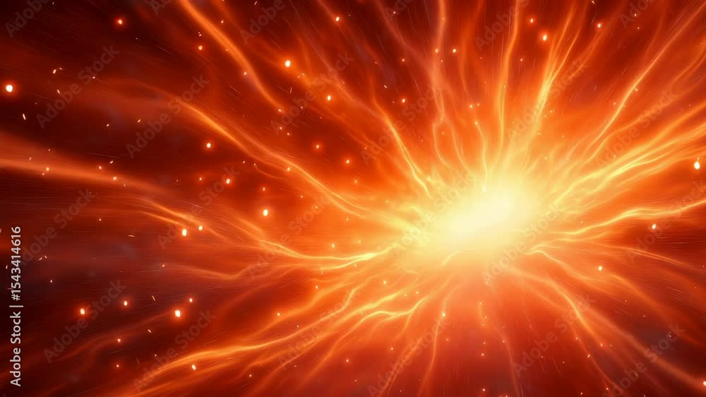 Poster radiant orange energy wave expanding from central bright point. luminous plasma streams with scatter