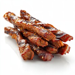 Delicious grilled beef jerky sticks, seasoned and ready to eat. The sticks are arranged in a visually appealing pile against a plain background.