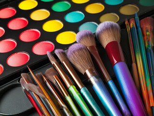 Fototapeta premium Colorful Makeup Brushes and Eyeshadow Palette