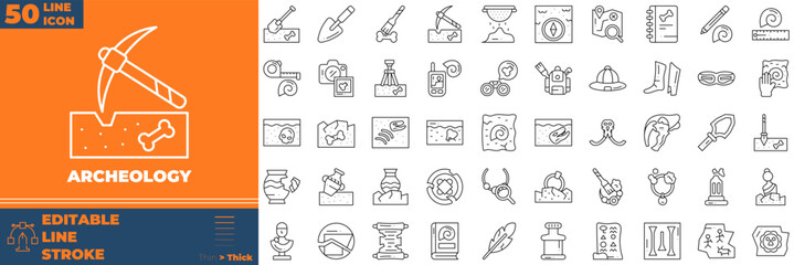 Archeology Line Editable Icons set. Vector illustration in modern thin line style of archeology icons: ancient scroll, fossil, megalith, etc