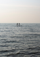 Fototapeta premium Two people paddleboarding on calm water during a serene day. The scene captures a peaceful outdoor activity in nature.