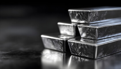 Stacked silver bars, concept of financial assets. Reflective ingots signify wealth, stability in physical investment form.