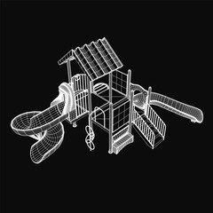 3D model of a playground structure featuring a slide, swings, and climbing elements, rendered on a black background. The clean graphic design highlights each component with sharp details and vibrant.