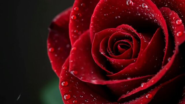 Capture the exquisite beauty of a single red rose, its petals adorned with sparkling water droplets, a true symbol of nature's love and romance in macro detail
