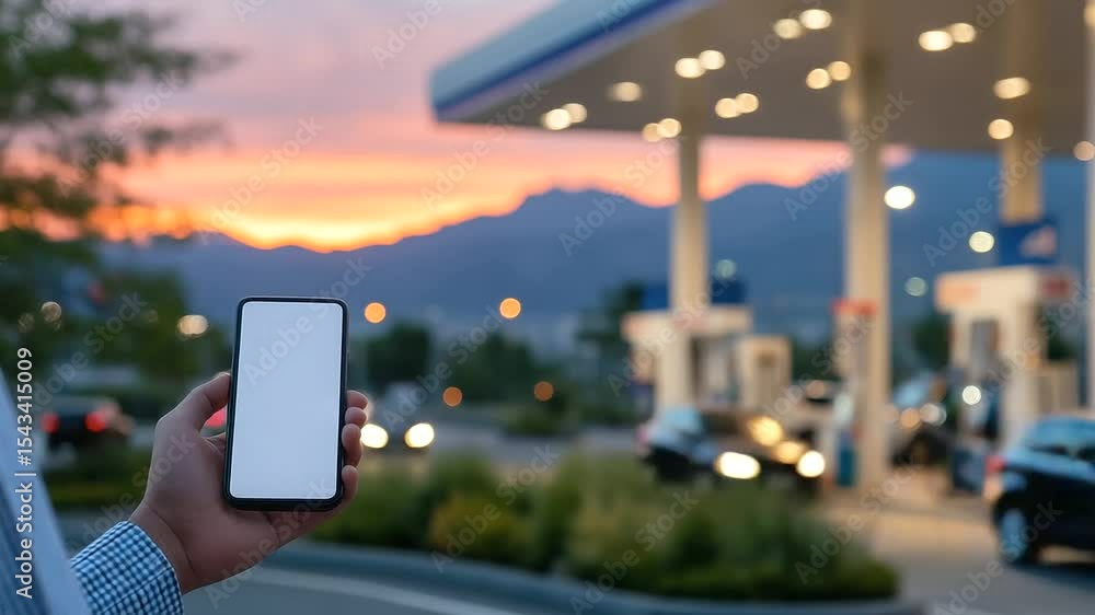 Poster driver at gas station uses smartphone with empty screen interface, distant mountains and setting sun