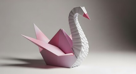 Fototapeta premium Elegant Paper Swan with Pink and White Origami Folds on Light Background