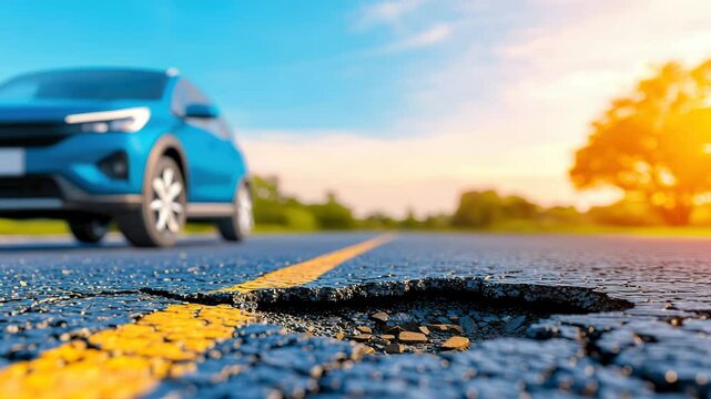 Pothole asphalt road with blurred blue car background sunny day transportation safety concept damaged street surface travel risk outdoor scene summer light warning sign vehicle hazard yellow line