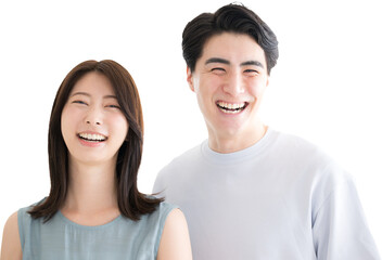 Closeup of an Asian couple in summer clothes smiling at the camera Transparent background png composite