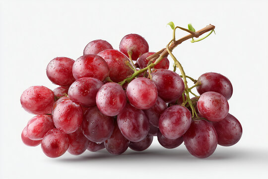 Fresh bunch of ripe red grapes with water droplets and a green stem, isolated on a clean white background with a soft shadow