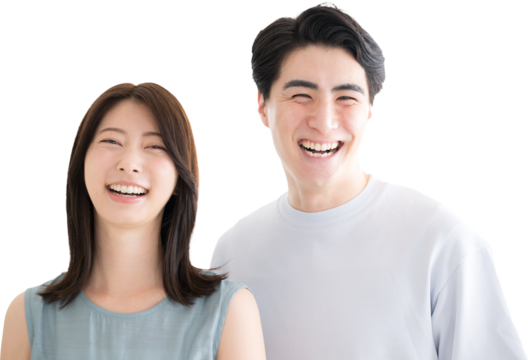 Closeup of an Asian couple in summer clothes smiling at the camera Transparent background png composite
