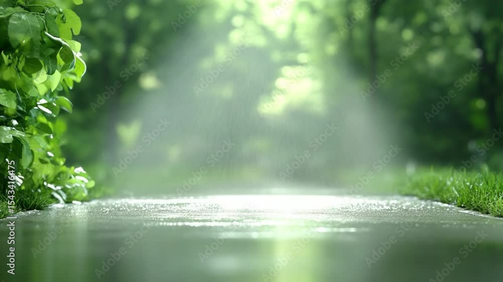 Poster rain-kissed path: a tranquil path glistens with the remnants of a recent rain, inviting viewers to i