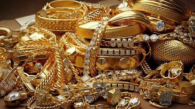 a bunch of gold jewelry. Selective focus. Gold.