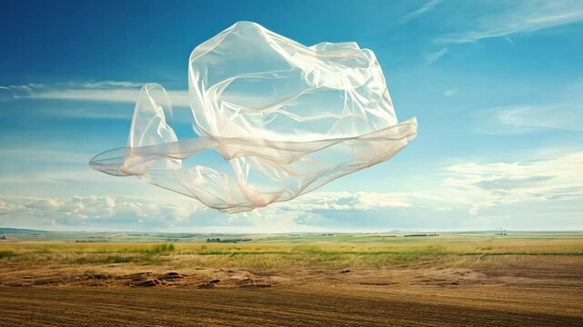 A plastic bag flies. Selective focus. Nature.