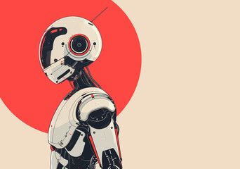Futuristic android with a glossy white helmet standing against a red sun backdrop