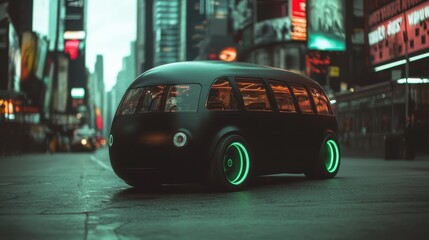 A sleek and modern black van with glowing accents is depicted in an urban environment, emphasizing innovation in design and the evolution of transportation in today's world.