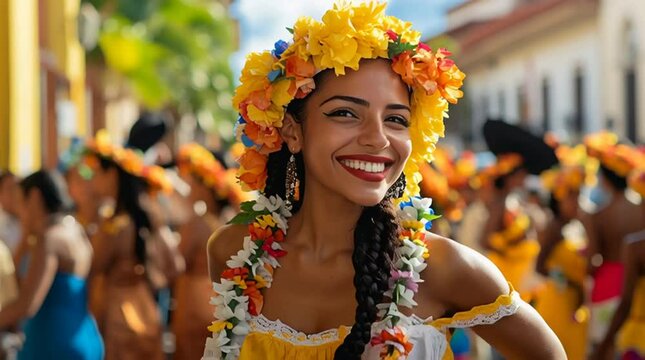 A young Hispanic woman smiles brightly, wearing a floral crown and a colorful dress. She is surrounded by a festive atmosphere with people in traditional attire.