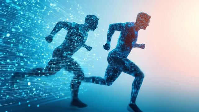 Digital runner technology speed motion futuristic blue silhouette athletic abstract energy dynamic innovation progress competition concept with glowing modern fitness, network data, virtual motion