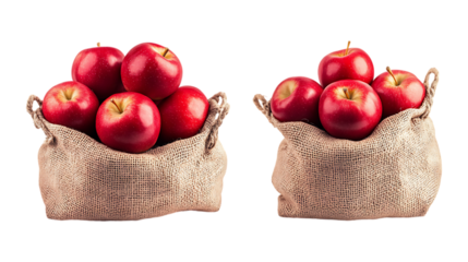 Pack Collection Red Apples in Burlap Bags set against transparent background