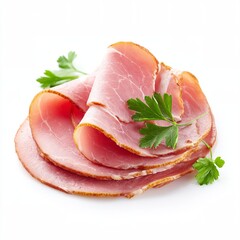 Appetizing slices of ham are elegantly displayed with fresh parsley, showcasing the culinary delight. The vibrant colors and textures are inviting and appetizing.