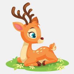 Cute cartoon deer with antlers sitting on grass with flowers vector illustration