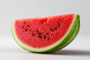 A vibrant, juicy watermelon wedge with bright red flesh, black seeds, and green rind, perfectly isolated on a clean white background, evoking summer freshness.

