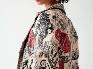 Close-up of tattoo-patterned jacket with sketched motifs gothic lettering and mythical creature details