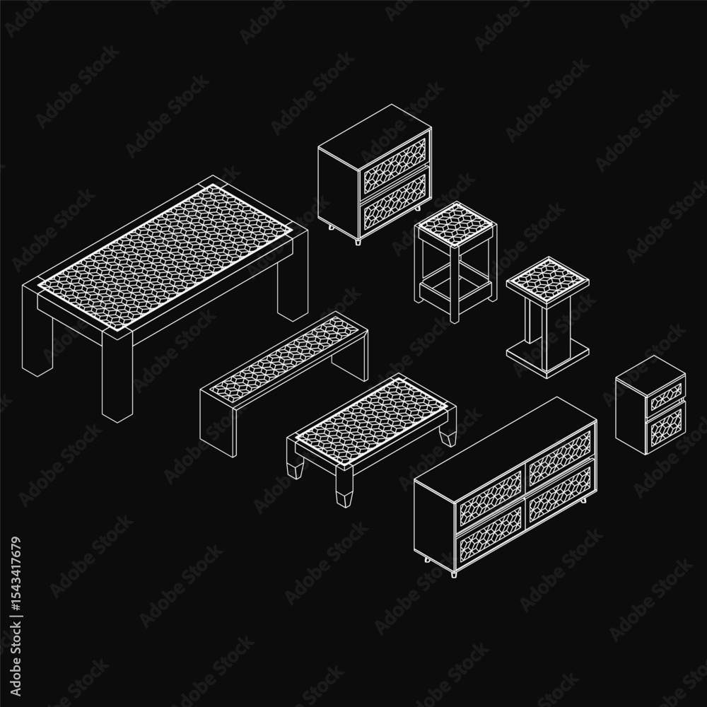 Poster a set of tables and stools in clean line drawing style, arranged symmetrically on a black background