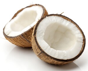 Half fresh coconut cut showing white flesh on white background