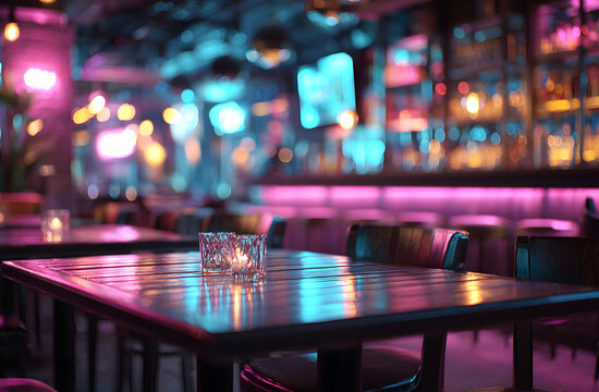 Modern nightclub restaurant table with neon purple light. Interior bar background with vivid pink and blue lights. Empty table, product placement concept for drinks or food.