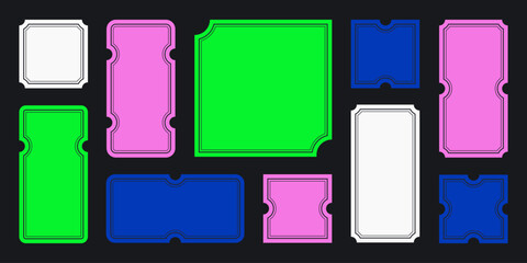 Tickets and coupons y2k simple plain backgrounds, empty stickers in retro techno style, frames and borders with ticket stabbing. Vector illustration.