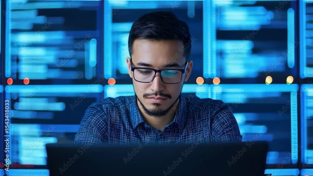 Poster young man with glasses and beard working laptop modern server room, surrounded by blue digital scree