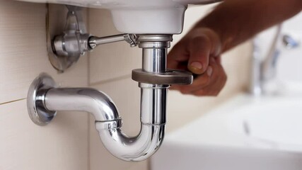 Plumber repairs leaking sink pipe using wrench for effective drain replacement and pipe cleaning in home bathroom during afternoon hours