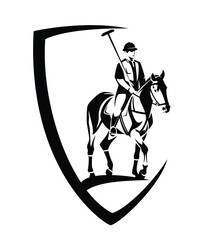 heraldic shield with jockey holding mallet and riding polo pony horse - horseback sportsman black and white vector design for club emblem