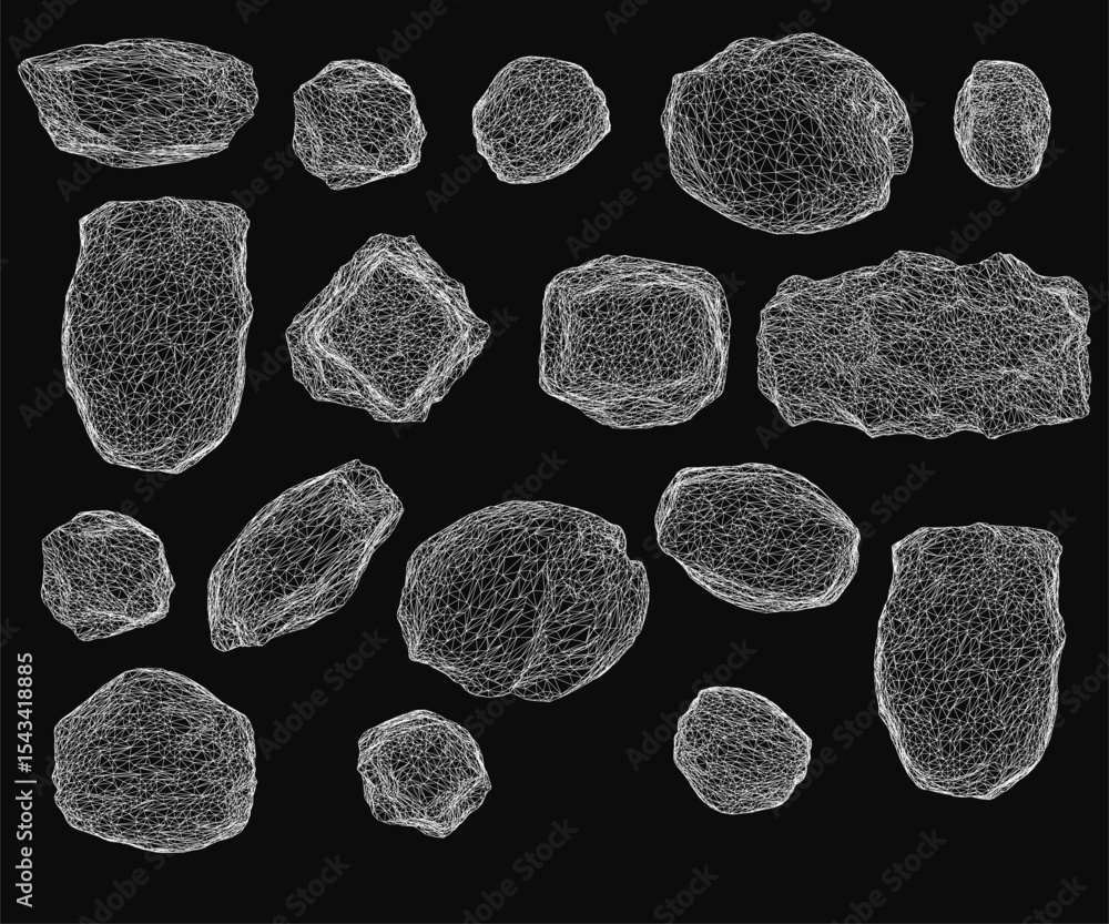 Poster white rocks arranged in a striking set against a deep black background, emphasizing contrast and sim