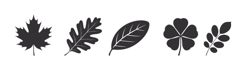 Oak leave, Cannabis Leaf, Clover, maple leaf, fig leaf, Birch leaf set ,silhouette vector illustration. isolated on white background.	