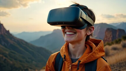 Happy young hiker wearing a vr headset is enjoying an immersive virtual reality experience while standing in a beautiful mountain landscape at sunset - Powered by Adobe