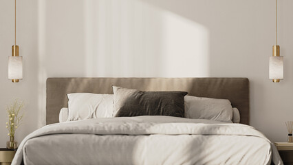 Close up of a bed in luxury bedroom interior, home or hotel concept, 3d render